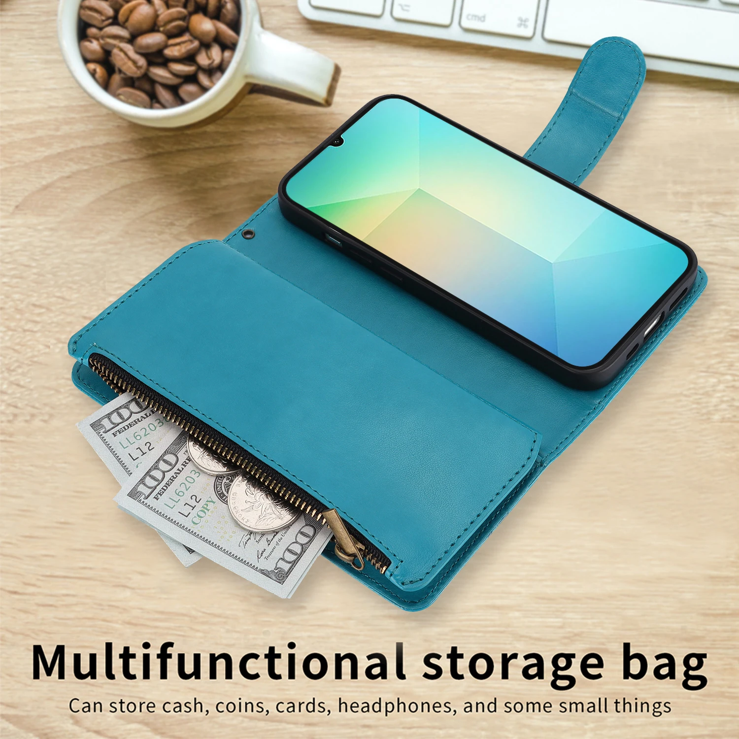 Фото Чехол-кошелек WEFOR для Samsung Galaxy A57 A37 A56 A36 5G A17 A26 A16 A07 A06, 6 слотов для карт/карман на молнии, съемный ремешок на запястье №2