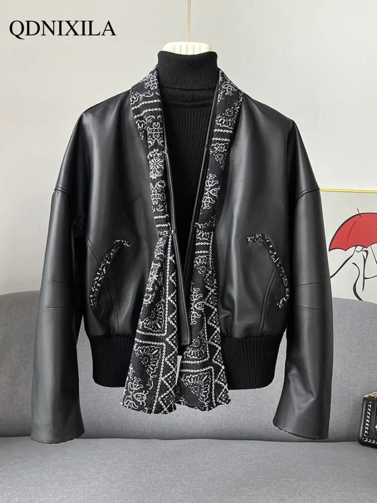 Women's Leather Jacket 2023 Women's Spring Jacket New Outerwear Short Casual Black Imitation Sheepskin Jackets Women's Coats