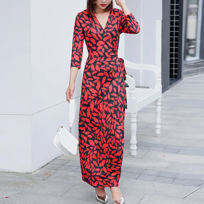 

One Piece Wrap Women Long Dress Red Print Vintage Elastic Slim Maxi Dress Fashion High Street Streetwear Sexy V Neck Party Wear