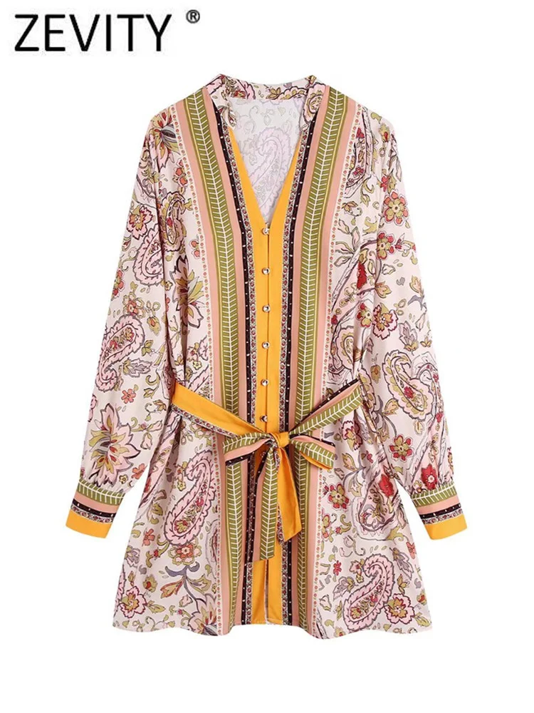 

Женское винтажное платье-рубашка Zevity, шифоновое мини-платье контрастных цветов с принтом пейсли, V-образным вырезом и бантом на поясе, DS1012