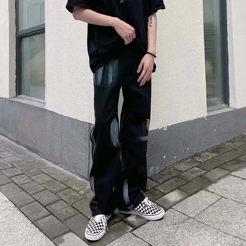 Men's Jeans Ins Hip Hop Contrast Color Graffiti Print Jeans Y2k Korean Version Fashion Street Loose Straight Jeans Ins Hot Sale