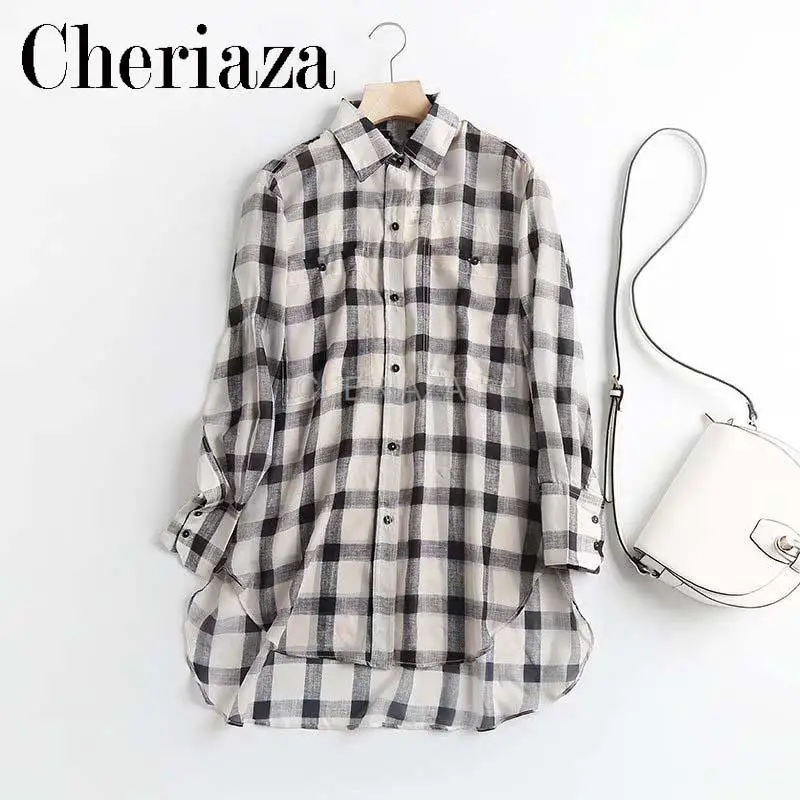 

CHeriaza New Women's Style Cotton and Silk Plaid Women's Casual Top Shirt Women's Trend