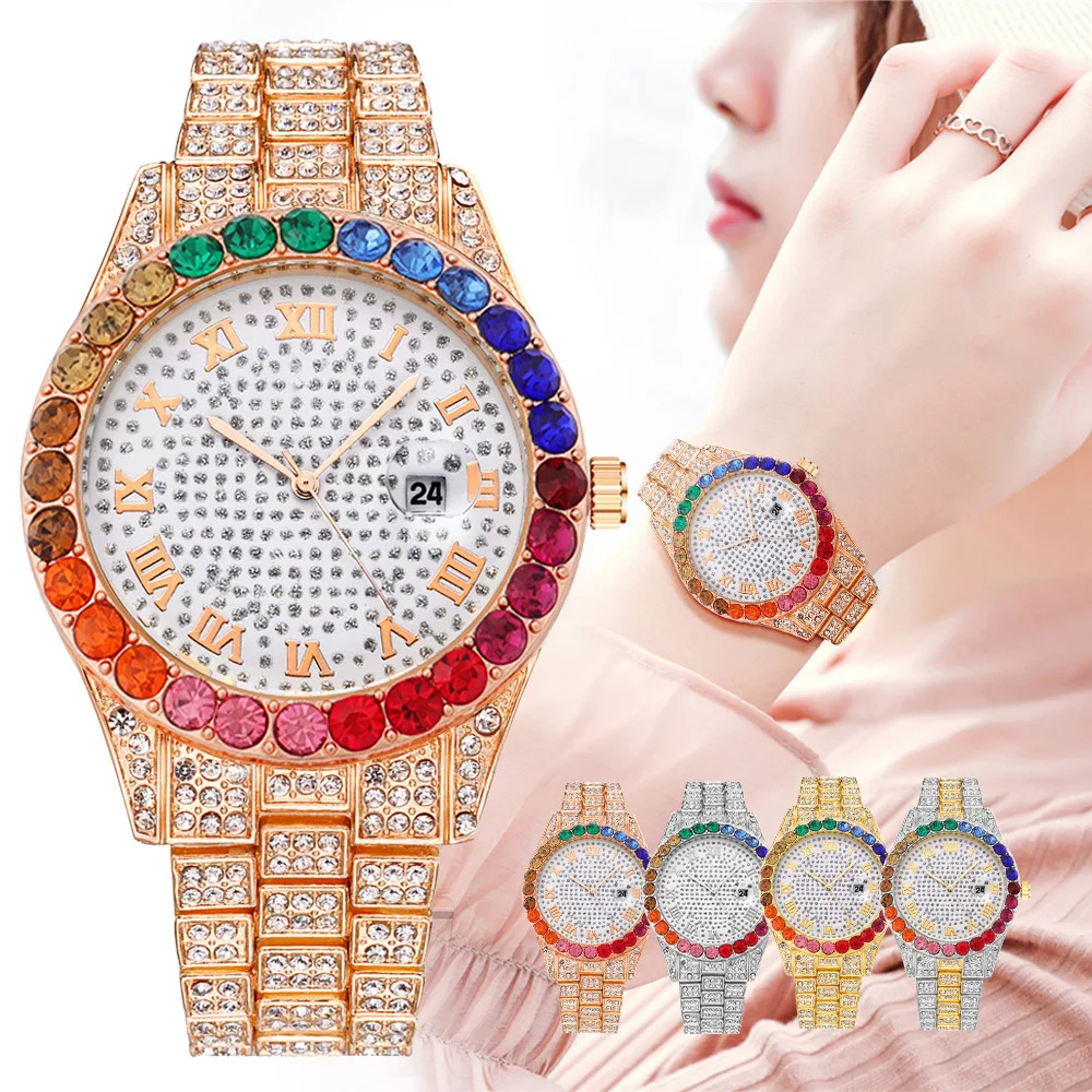 

Luxury Brand Watches For Women Stainless Steel Color Full Diamond Gypsophila Calendar Roman Digital Hip Hop Quartz Wristwatches