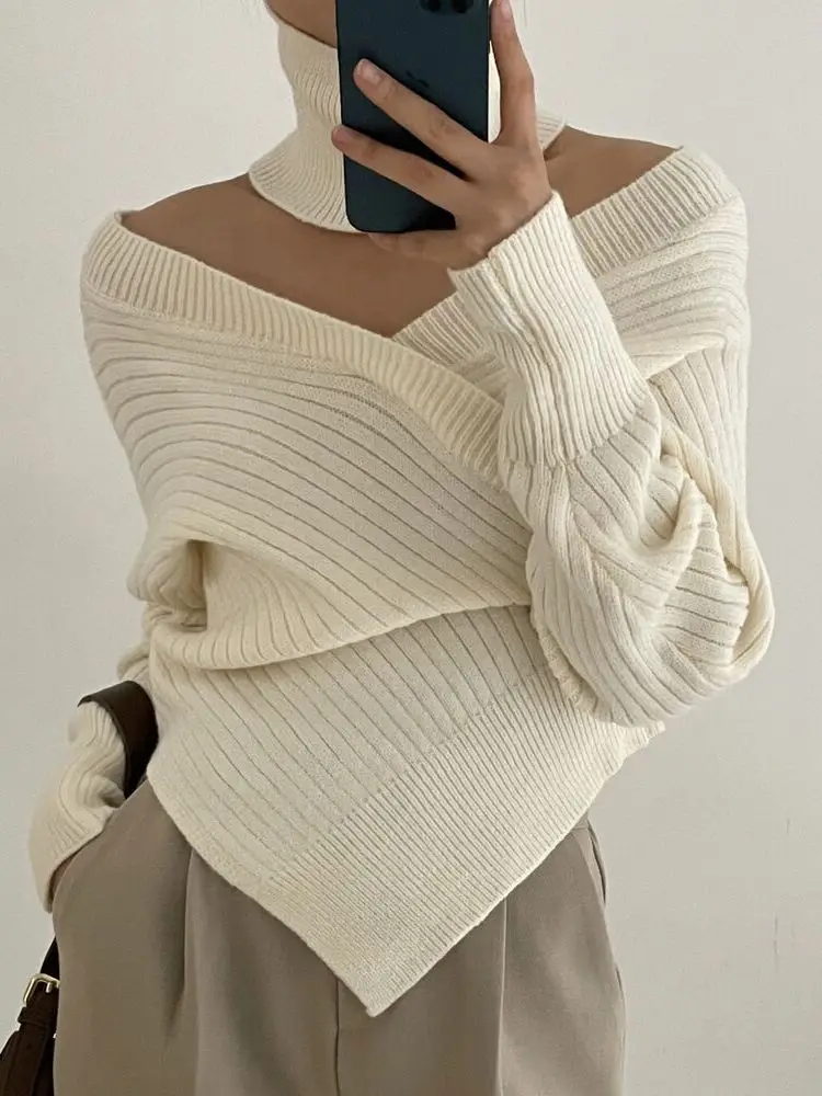 

HziriP Sexy Sweaters Solid Hot Women Halter Off Shoulders Knitted 2022 Spring New OL Casual Pullovers Fashion Tops Outerwear
