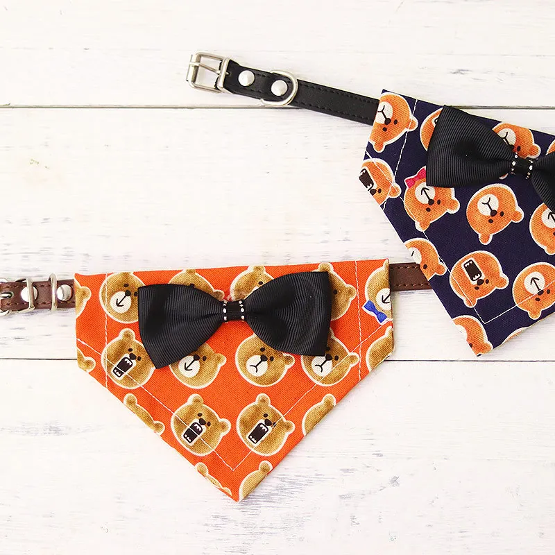 

Pet Cat Dog Scarf Leather Collar/Necklace Cute Bear Bowknot Pendant Pet Triangular Bandage Adjustable Puppy Kitten Scarf Collars