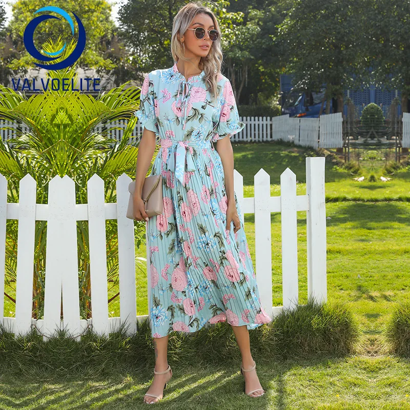 

Woman Short-sleeved Floral Dress Fashion Design Sense Printing Loose Straight Lace Round Neck Long Skirt Slim Waist Beach Dress