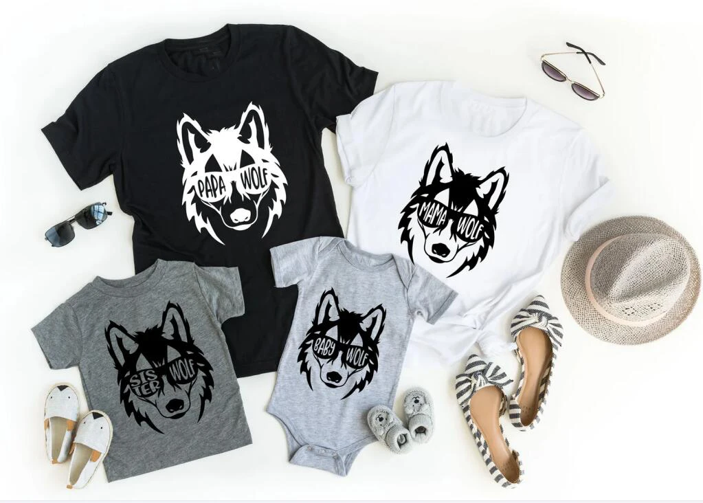 

Bow Dream Mama Papa Family Clothing T Shirts Sister Wolf Face Tee Brother Baby Pack Shirts Wolf Family Matching T-Shirts