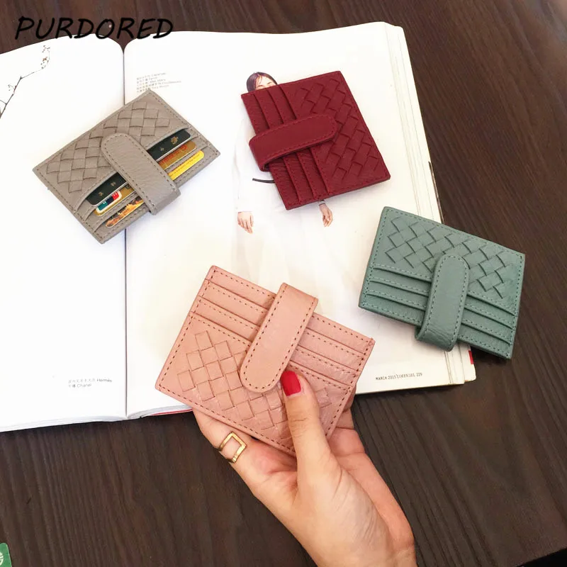 PURDORED 1 Pc Weave Slim Card Holder for Women Mini Bank Card Case Leather  Female Slim Wallet for Cards Porte  Tarjetero Hombre