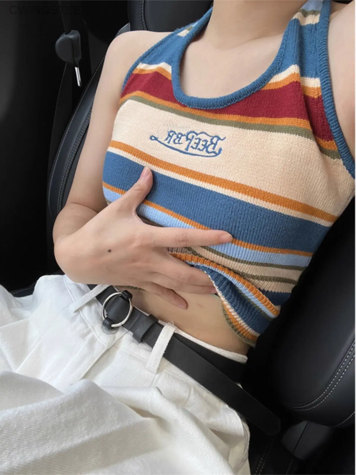 

Streetwear Fashion Vintage Y2k Girls Colorful Stripe Hanging Neck Tank Top Women Summer Sleeveless Underwear Crop Top Embroider