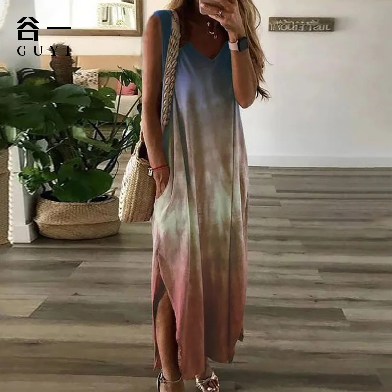 2022 Summer Long Dress V Neck Casual Gradual Color Sleeveless Dress Women