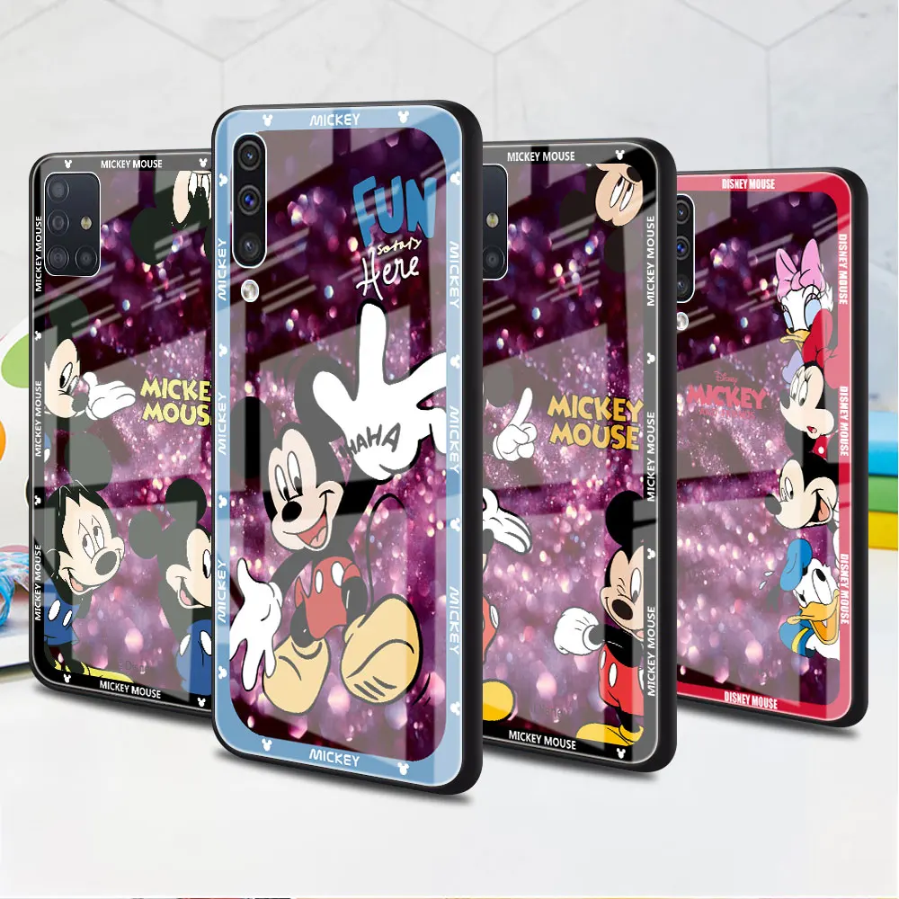 

Glass Case for Samsung Galaxy A52 A53 5G A72 A71 A54 A50 A14 A23 A13 A21s Black Soft Edge Phone Coque Disney Mickey Mouses