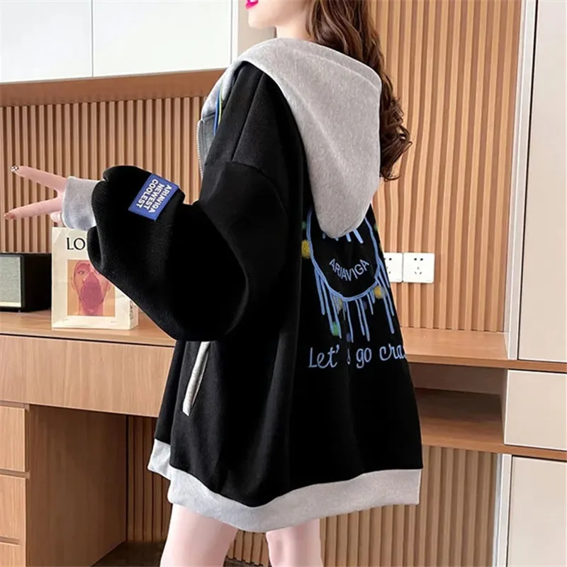

Hooded Sports Cardigan Female Spring and Autumn New Coat Stitching Print Zipper Loose Fashion Jacket Top Women's Clothing ZM649