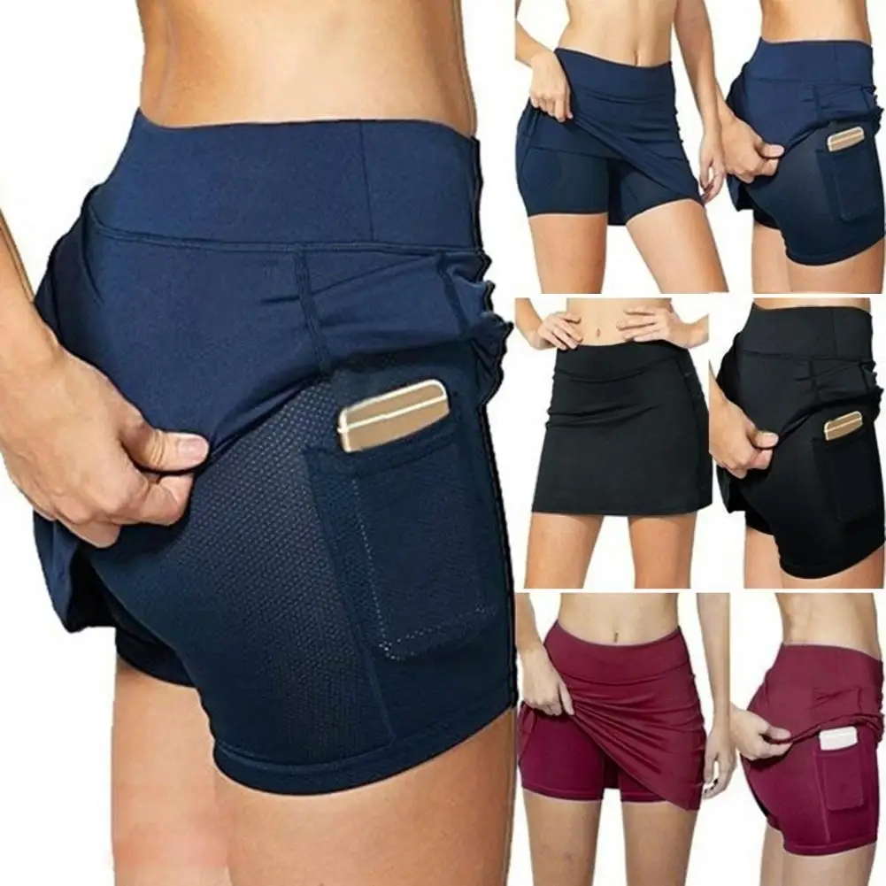 

Fashion Double Layer High Waist Running Shorts Athletic Skort Pure Colors Above Knee