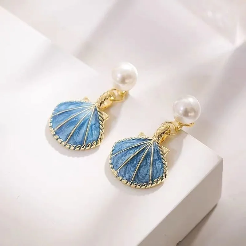 

2022 Cute Blue Shell Earrings for Women S925 Silver Needle Push-on Korean Fashion Statement Earrings Aretes De Mujer