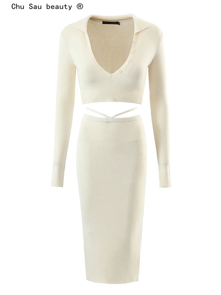 

Deep V-Neck Slim Sexy Long-Sleeved Knitted Sweater Women Crop Top and Bag Hip Midi Skirt Suit 2022 Autumn Fashion Sets