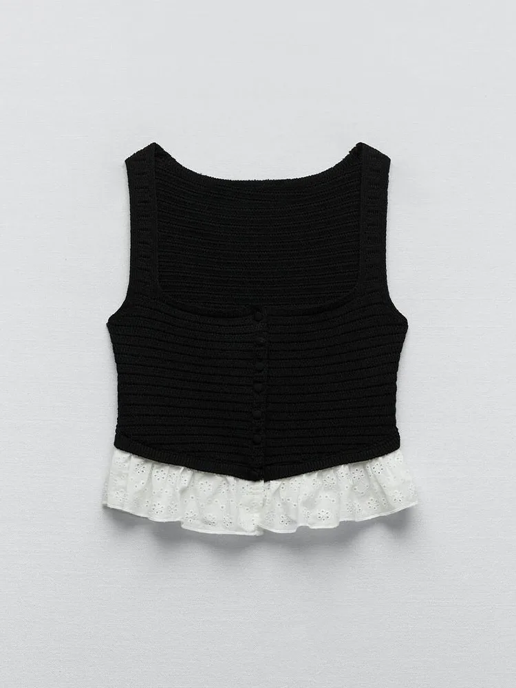 

Zach AiIsa Summer New Women's Sweet Stretch Slim Fit Hollow Embroidered Patchwork Square Neck Sleeveless Knit Crop Top