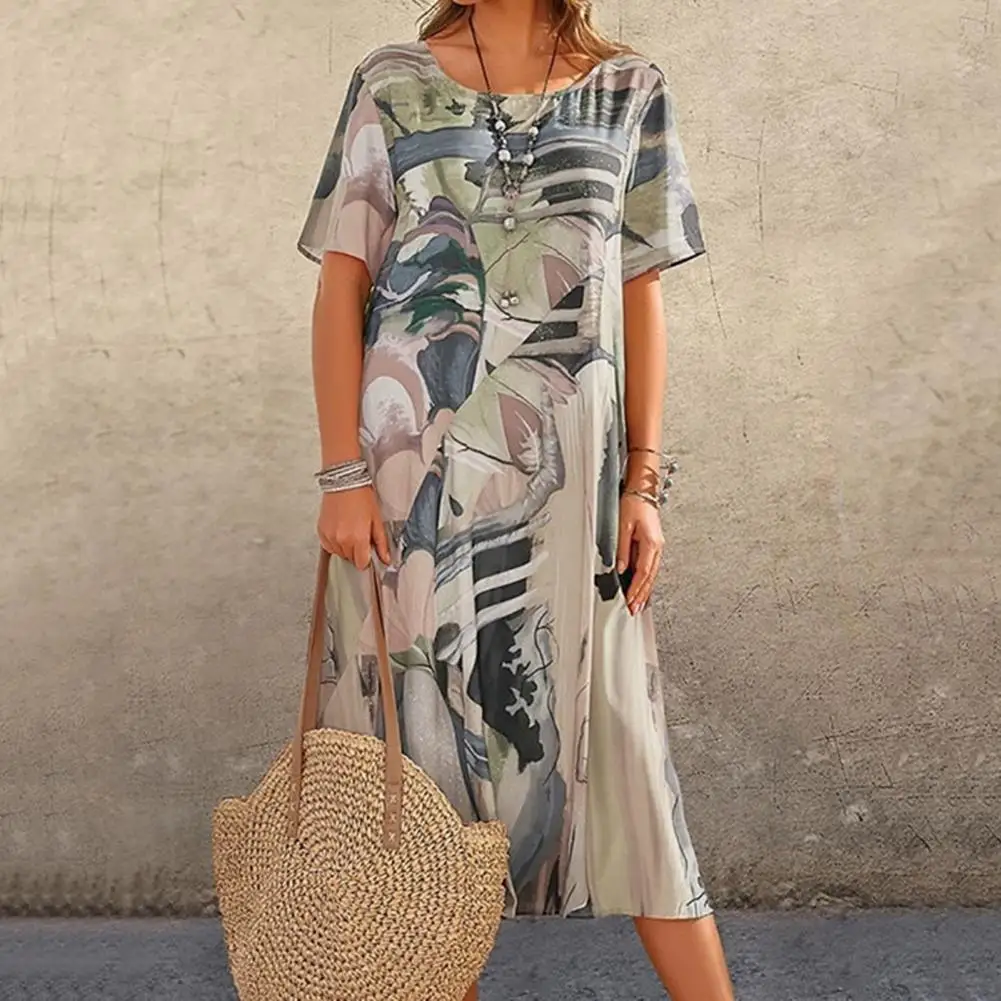 

Bohemia Printing Beach Loose Midi Dress Short Sleeve Boho Dress Summer Beach Style Abstract Print Midi Dress Work Vestidos