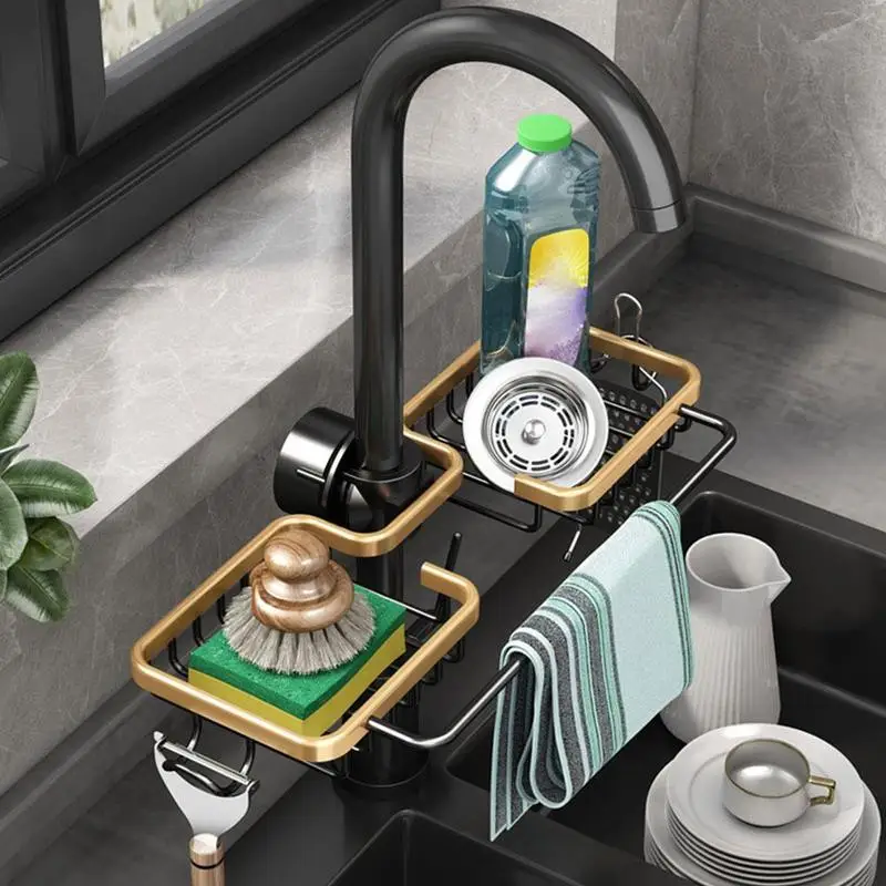 

Faucet Rack Kitchen Storage Shelf Adjustable Sponge Dry Cloth Drain Pool Kitchen Space Aluminum Sink Drain Rack Sponge Storage