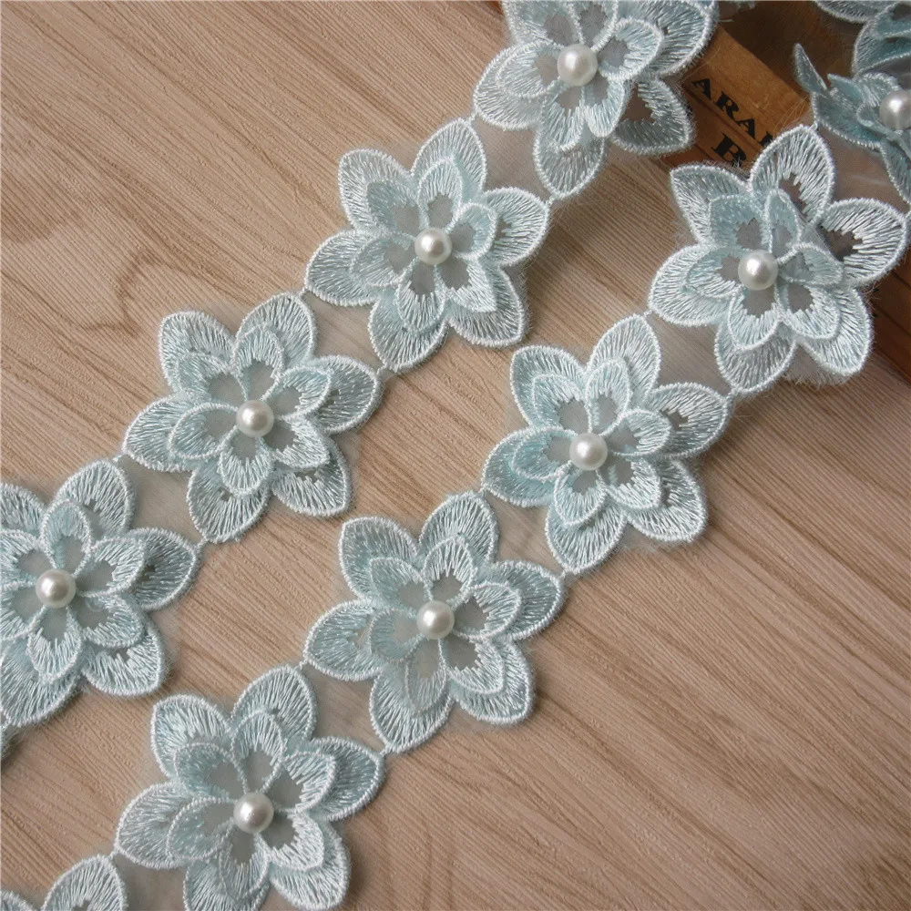 1 ярд синий цветок жемчуг вышитая бисером кружевная отделка женская одежда