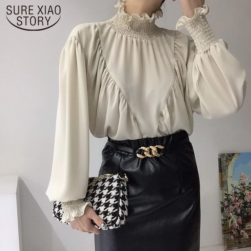 

Fashion Stitching Office Lady Chiffon Blouse Women Spring New Women Shirts Stand Collar Lantern Sleeve Solid Female Tops 18575