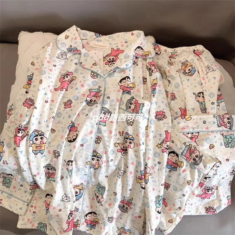 Crayon Shin-chan женский пижамный комплект с воротником мягкая Пижама Pjs пуговицами