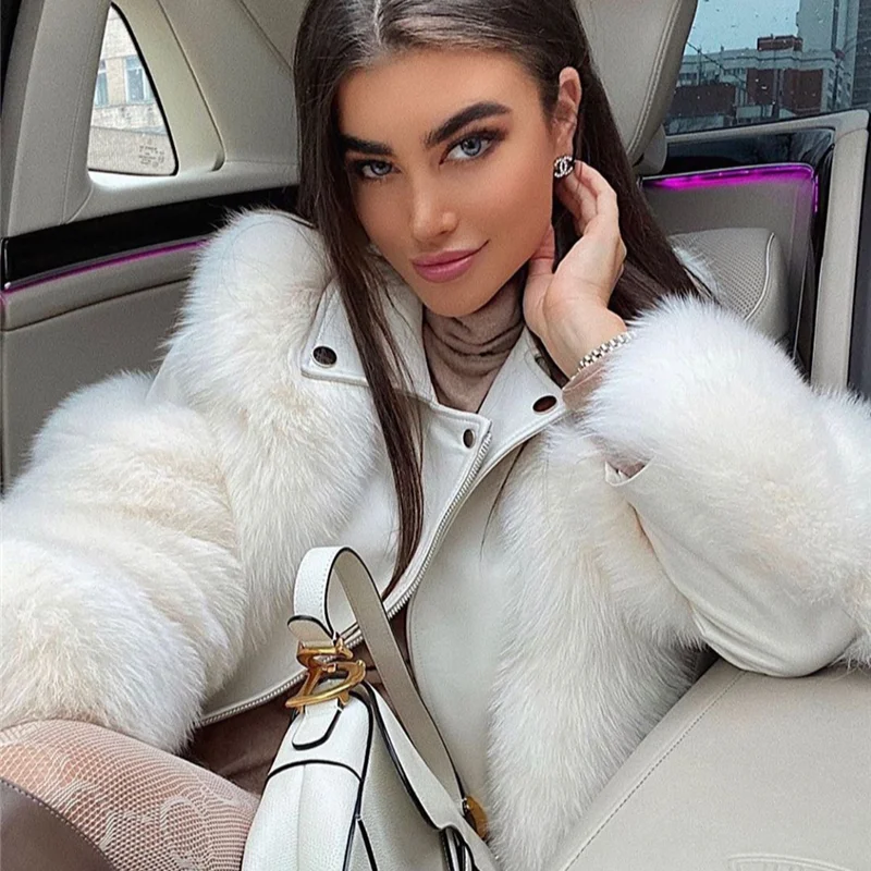 Winter Furry Faux Fur Women Overcoat Cropped Faux Fur and Leather Patchwork Jacket Short High Quality Fake Fox Fur Coat Outwear