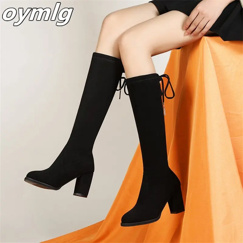 

But knee boots small thick heels high heels round toe boots women 2022 mid-boots lace-up elastic boots heels women