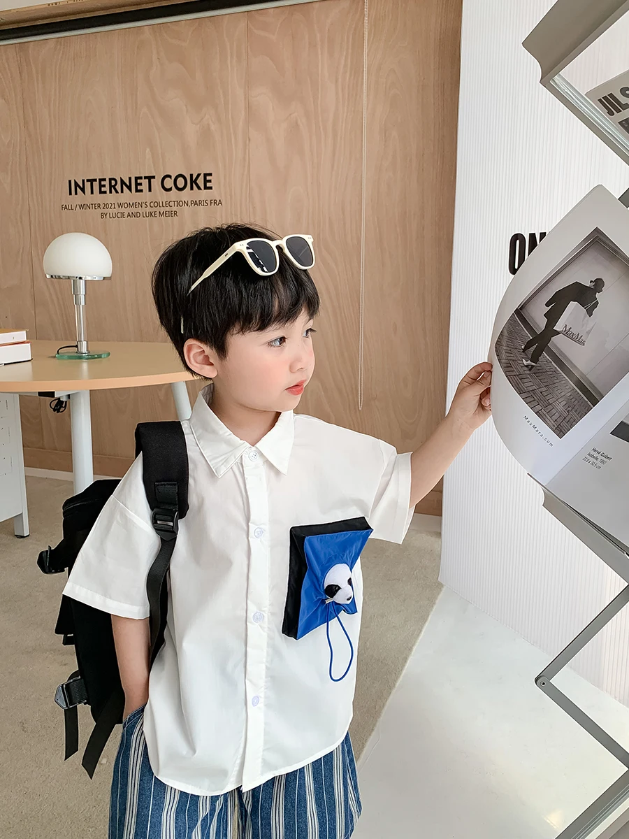 

Ivan Yiwan Children's Clothing 2022 New Trendy Children's National Fashion Panda Shirt Boy Summer Clothing Thin Shirt Coat