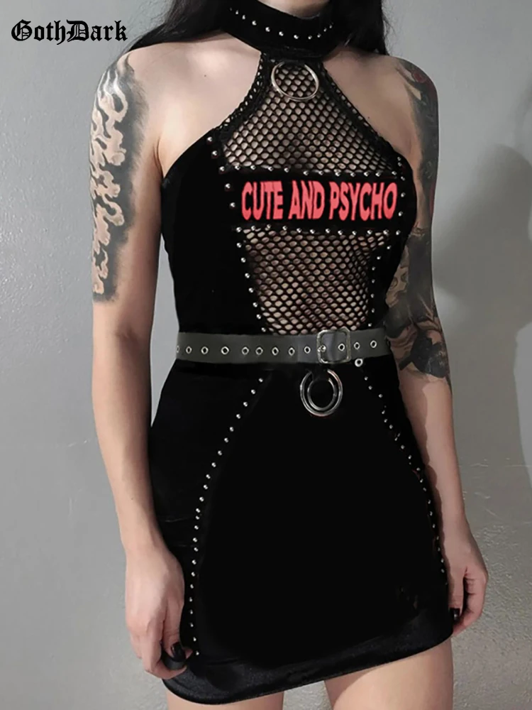 

Goth Dark Fishnet See Through Mall Gothic Alt Mini Dresses Women Grunge Aesthetic Black A-line Dress Punk Halter Night Partywear