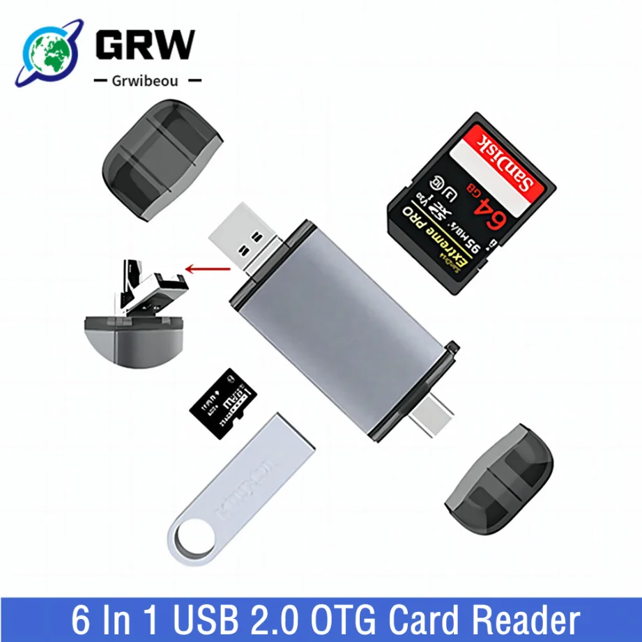 

Grwibeou 6 In 1 USB 2.0 OTG Card Reader TYPE-C/Micro USB/USB 2.0/TF/SD Memory Card Card Readers For Laptop Android Phone