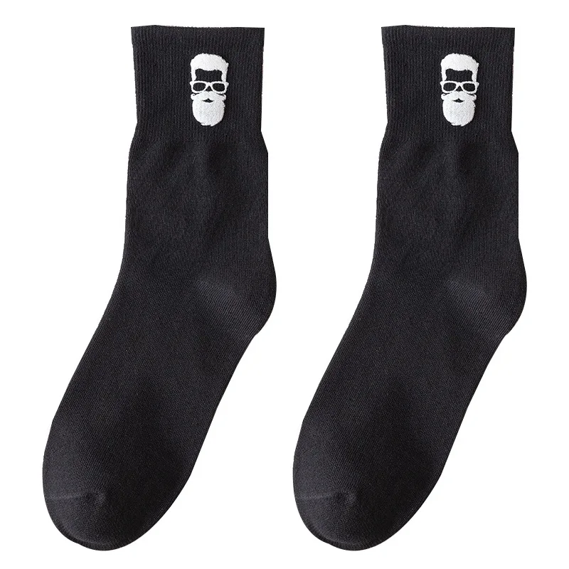 New Unisex Trendy Head Embroidery All-match Breathable And Sweat-absorbent High-quality Cotton Mid-high Tube Men's Socks