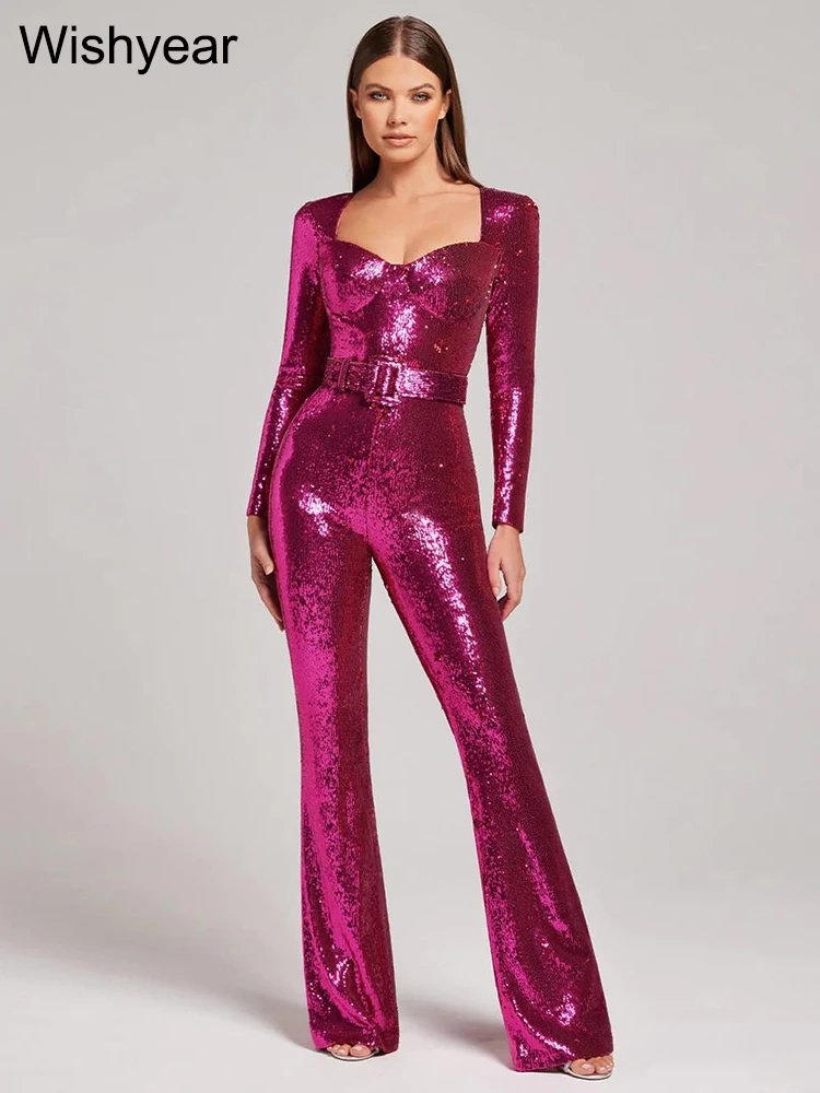Elegant Square Rompers Neck Long Sleeve High Waist Wide Leg Pants with Belt Jumpsuit Women Clothing Sparkling Sequins Overalls
