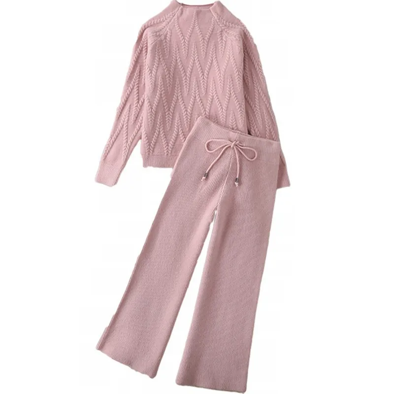 

Women Tracksuit Thick Sweater Autumn Winter Knitted Two Piece Set Top Knitted wide leg Pant Warm Sweater Elastic Trousers Suits