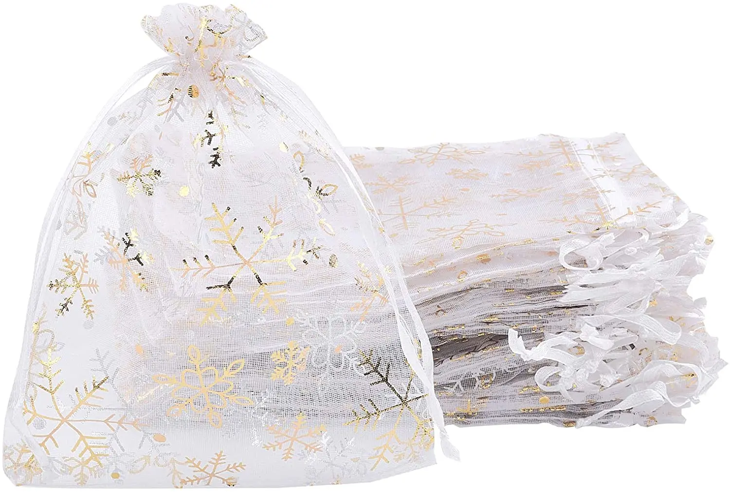 

50 PCS Organza Pouch Bag 5X6 Inches Golden Print Snowflak Sheer Drawstring Organza Bag for Jewelry Wedding Party Gift Bags