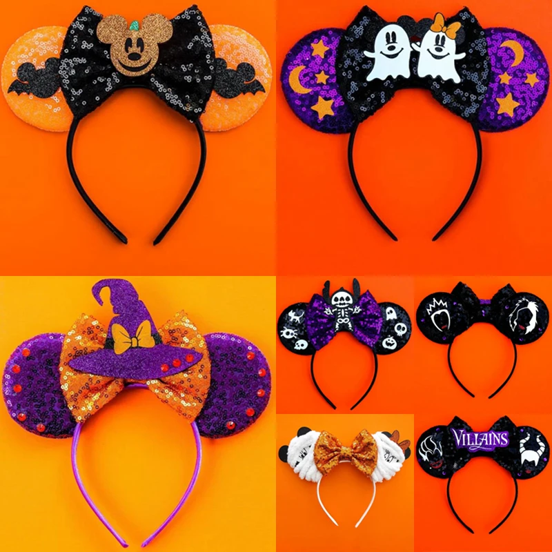

Disney Mickey Ears All Saints Day Headbands Women Sequins Bow Skeleton Hairbands Zombie Bat Hair Accessories Kids Halloween Gift