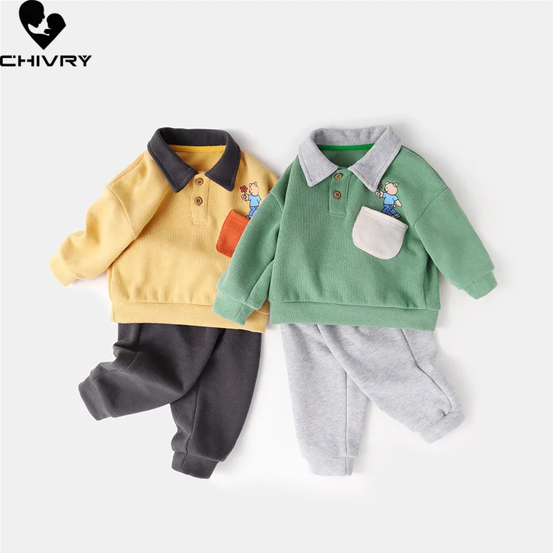 New Baby Autumn Winter Clothing Set Boys Cartoon Lapel Sweatshirt with Pants Sport Suit Tracksuit Infant Kids Casual Sportswear