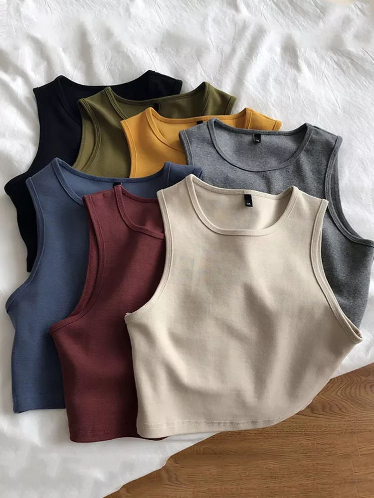 

2022New new ladies retro crop top high waist slimming stretch slim short sleeveless bottoming top