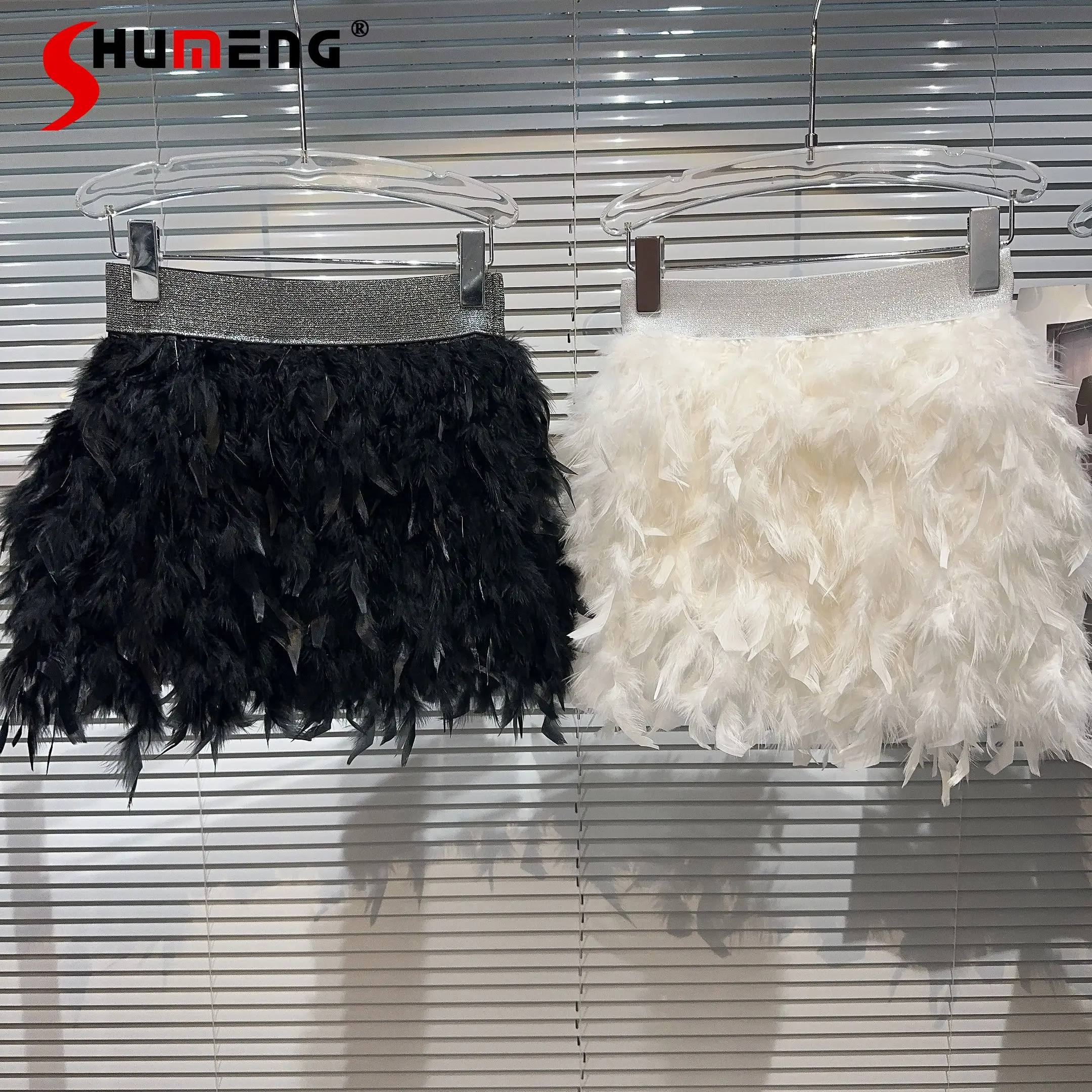

New 2023 Autumn Winter New Hot Girl Nightclub Party Feather Skirts Women Elastic High Waist A- Line Hip Mini Skirt