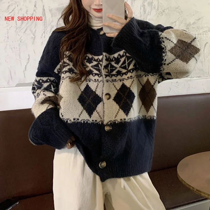

Harajuku Y2k Knitwear Cardigan 2021 Autumn Winter Oversized Outwear Chic Vintage Weater Coat O-neck Long Sleeve Weater Jackets