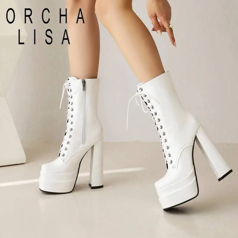 

ORCHA LISA Ladies Mid Calf Boots 18cm Square Toe Block Heels 14cm Double Platform 5cm Zipper Lace Up Plus Size 43 Female Booties