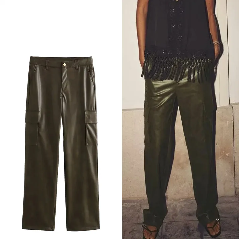 

Брюки-карго женские из искусственной кожи с завышенной талией и карманами