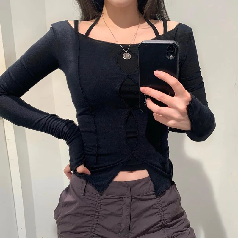 

Open-shoulder Hollowed-out T-shirt with Large Neckline for Women 2021 Slim and Versatile Long-sleeve Top