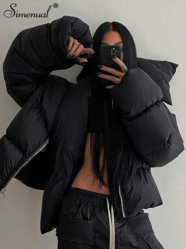 Simenual Solid Oversized Winter Coat for Women Warm Scarf Collar Buttons Puffer Jacket Casual Streetwear Cotton-padded Outwear