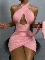 fashion summer sexy halter cut out bodycon mini dress elegant backless ruched ruffles club party dresses for women 2022 outfits
