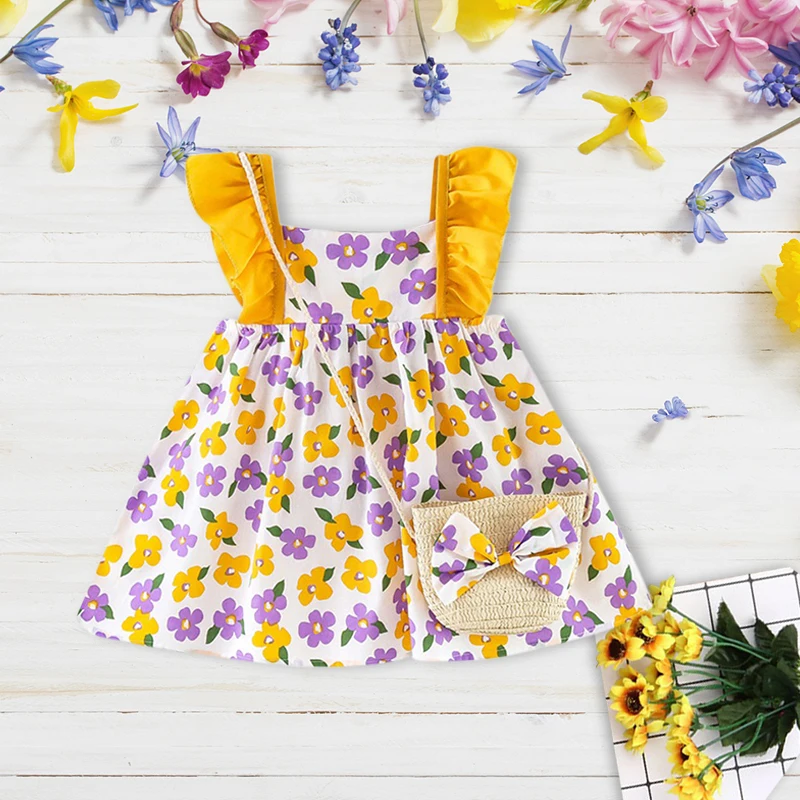 

Summer Baby Girl Dress Cute Flower Print Sleeveless Beach Dresses+Satchel Bag Elegant Toddler Girl Princess Dress Party Clothes