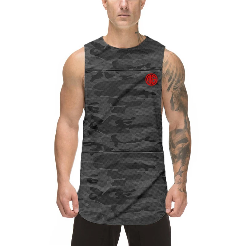 

Muscleguys Bodybuilding Fitness Tank Top Gyms Stringer Singlets Mesh O-neck Undershirt Quickly-dry Tops Camouflage Printed Vest