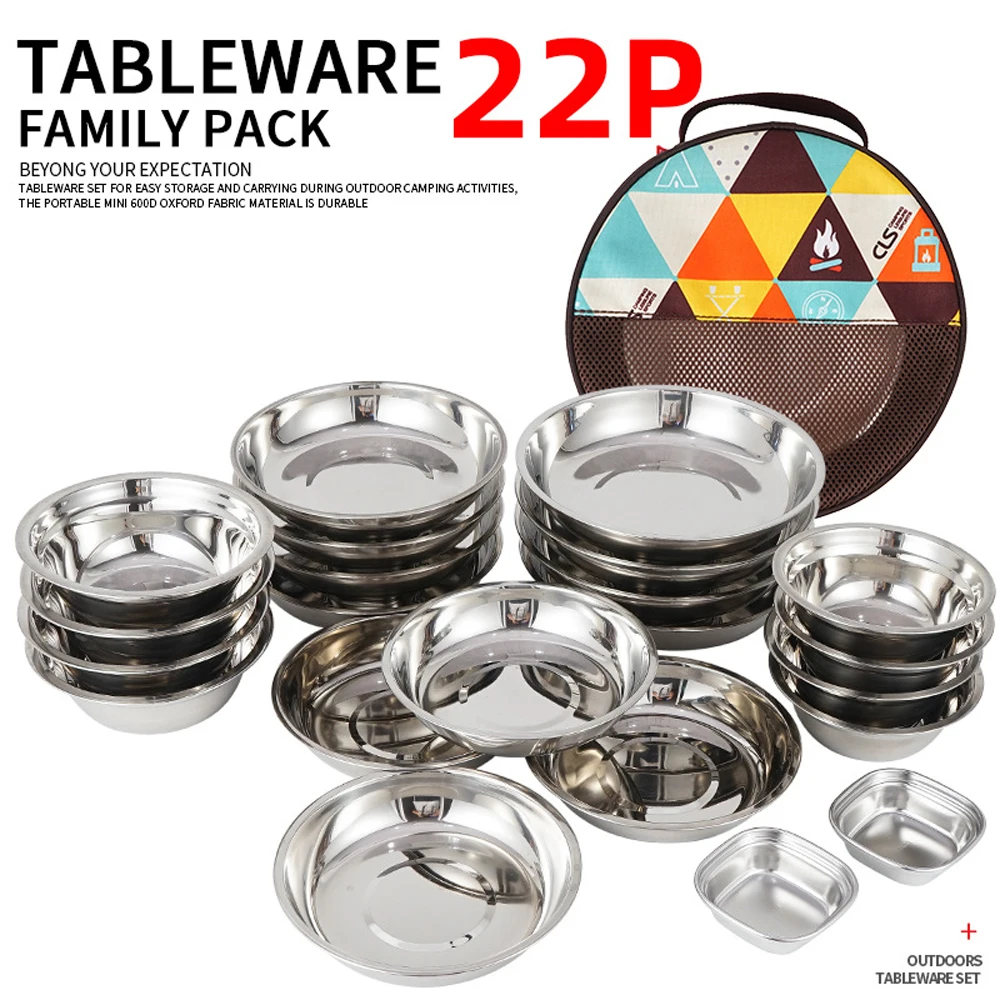 

22PCS Outdoor Camping Portable Plates Tableware Set Polished Cooking Stainless Steel Bowls Soup Pots with Storage Bag
