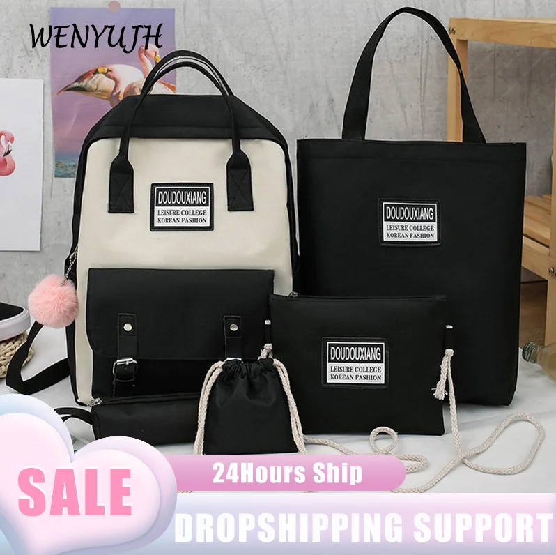 

Комплект из 5 предметов, рюкзак для старшей школы для девочек-подростков, 2023, Холщовый модный дорожный женский рюкзак для книг, школьный порт...