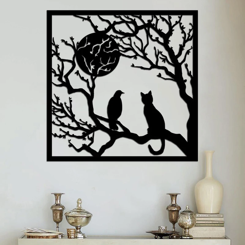 

Acrylic Decorative Painting, Bird And Cat Under Moon Home Decoration 3mm/5mm Board, 40x40 Cm/16x16 Inch, Hang On Bedroom Wall
