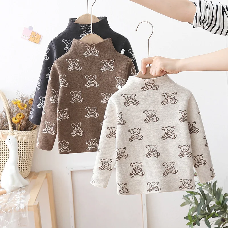 

Boys Turtleneck Sweater Stylish Autumn Winter Cute Cartoon Bear Pattern Baby Pullover Children Knitted Bottoming Shirt FY09073